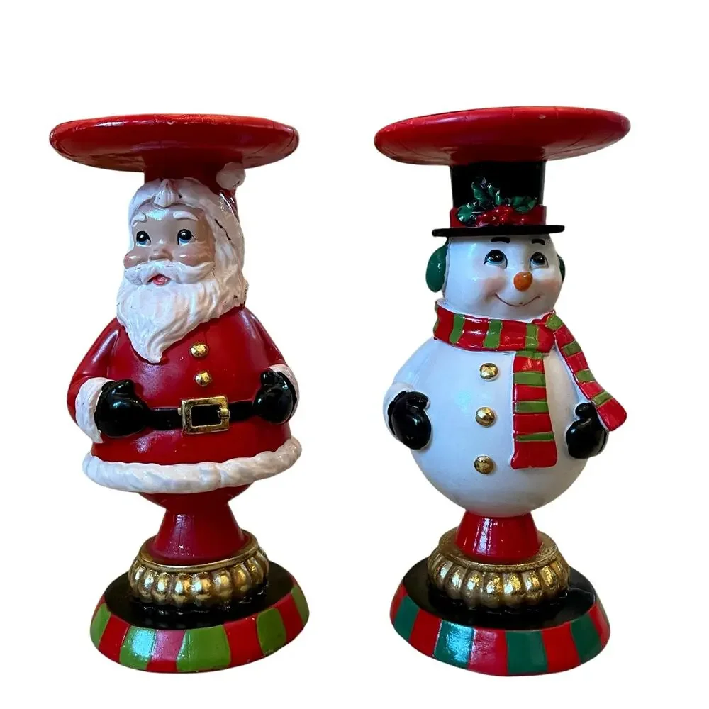 Martha Stewart Christmas Candle Holders 8.5in Santa & Snowman Holiday Decor New